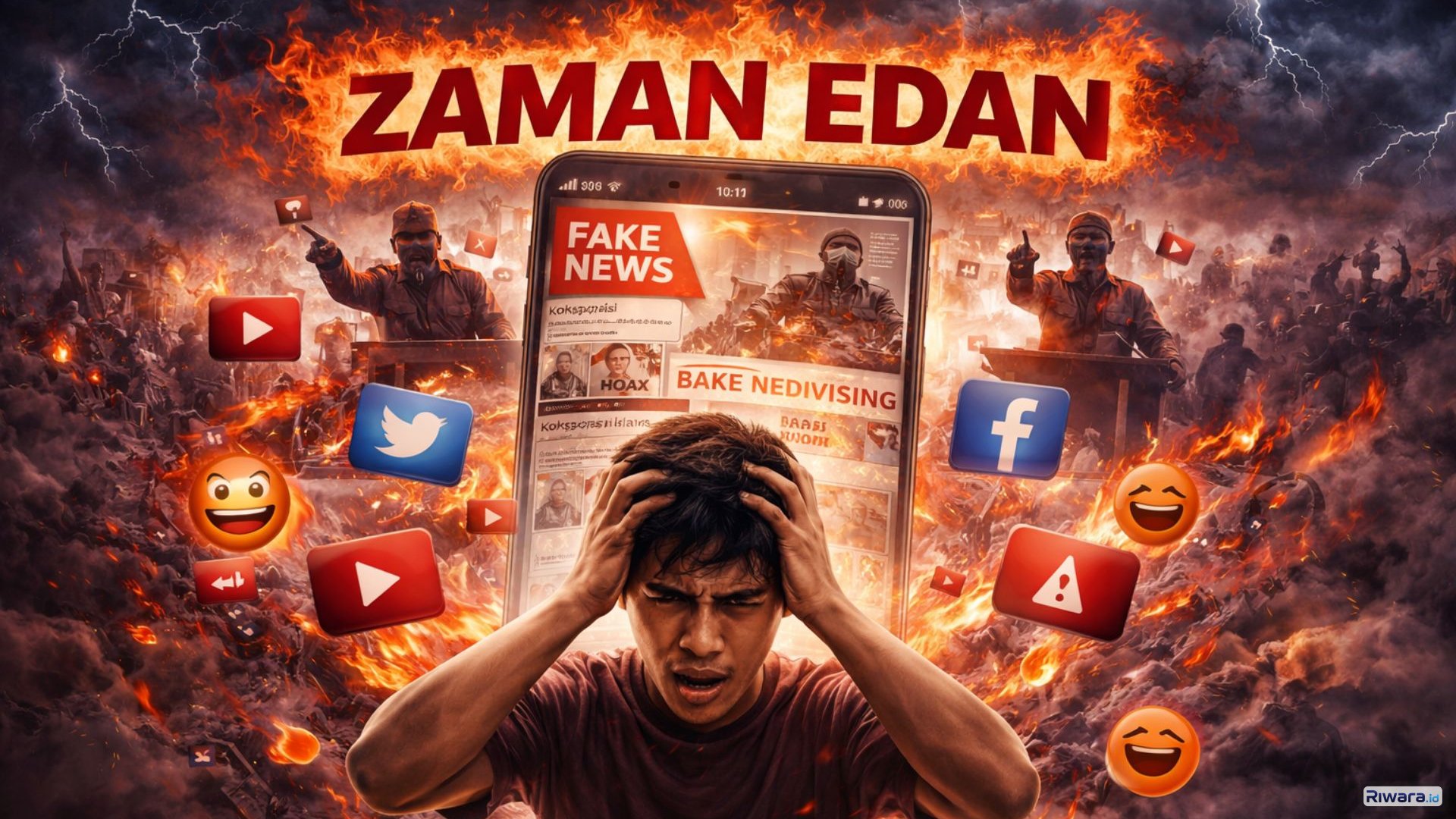 Ilustrasi Seorang pria tampak tertekan di tengah derasnya arus informasi digital yang dipenuhi hoaks dan disinformasi di media sosial, menggambarkan fenomena &ldquo;zaman edan&rdquo; di era banjir konten yang memicu kecemasan publik.